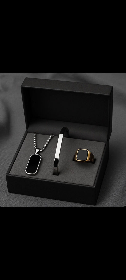 Silver Onyx Trio – Premium Men’s Jewelry Gift Set