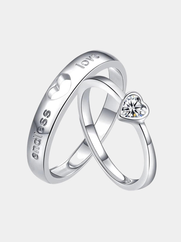 Endless Love Engraved Crystal Heart Couple Ring Adjustable Size