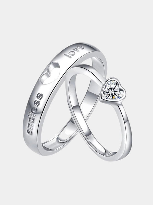 Endless Love Engraved Crystal Heart Couple Ring Adjustable Size